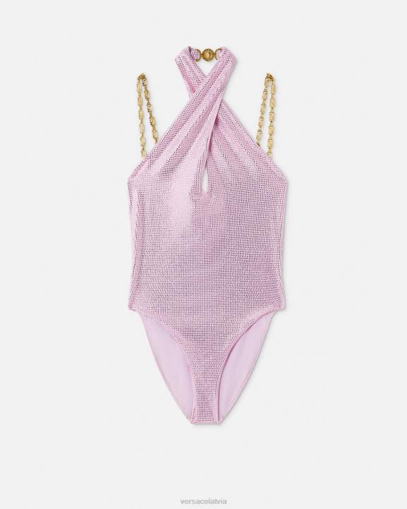 rozā apakšveļa un pludmales apģērbs Versace 806B1124 sievietes kristāla greca peldkostīms