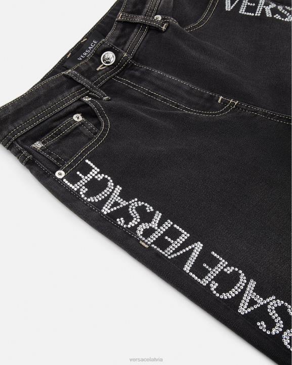 melns apģērbs Versace 806B213 sievietes kristāla allover džinsi