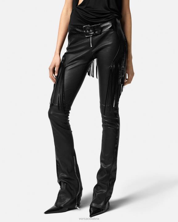 melns apģērbs Versace 806B223 sievietes ādas bikses ar bārkstīm