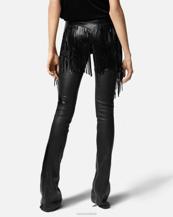 melns apģērbs Versace 806B223 sievietes ādas bikses ar bārkstīm