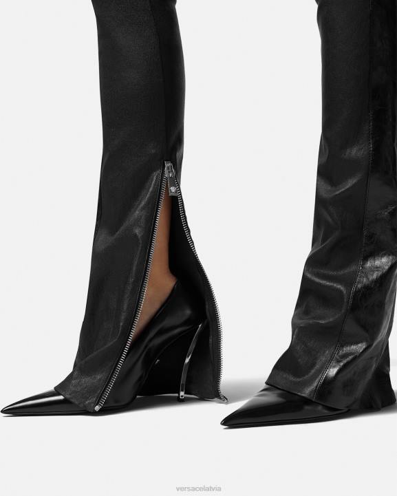 melns apģērbs Versace 806B223 sievietes ādas bikses ar bārkstīm