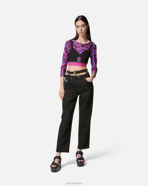 melns apģērbs Versace 806B2145 sievietes baroka sprādzes džinsa crop tops