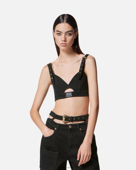 melns apģērbs Versace 806B2145 sievietes baroka sprādzes džinsa crop tops