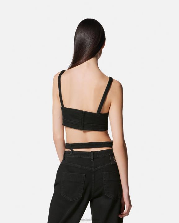 melns apģērbs Versace 806B2145 sievietes baroka sprādzes džinsa crop tops