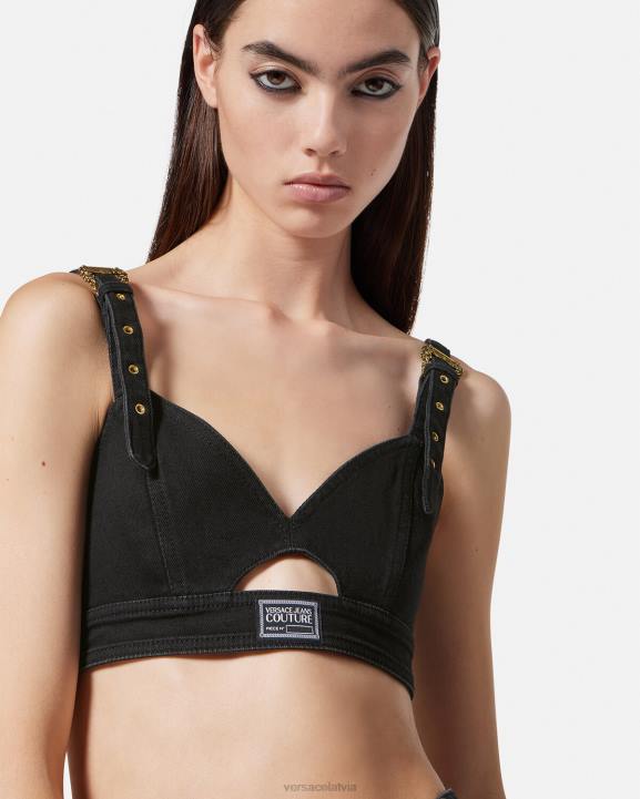 melns apģērbs Versace 806B2145 sievietes baroka sprādzes džinsa crop tops