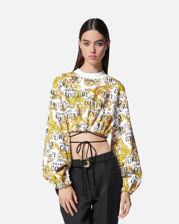 zelts un balts apģērbs Versace 806B2225 sievietes logo couture crop sporta krekls