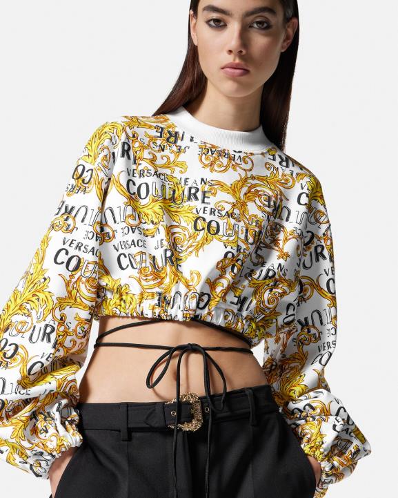 zelts un balts apģērbs Versace 806B2225 sievietes logo couture crop sporta krekls