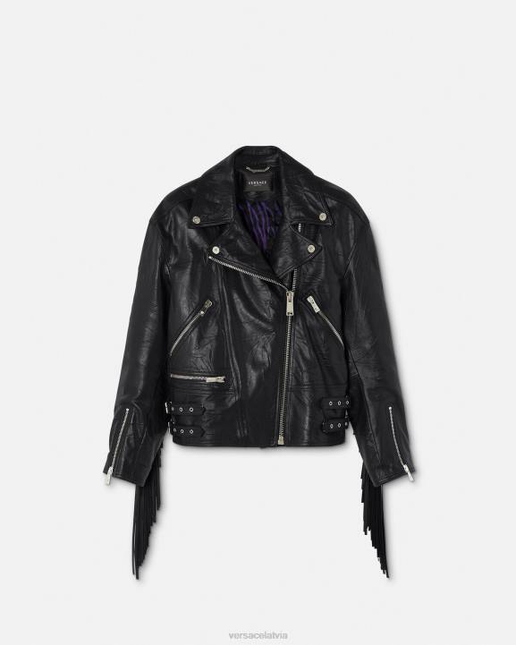 melns apģērbs Versace 806B101 sievietes ādas jaka ar bārkstīm