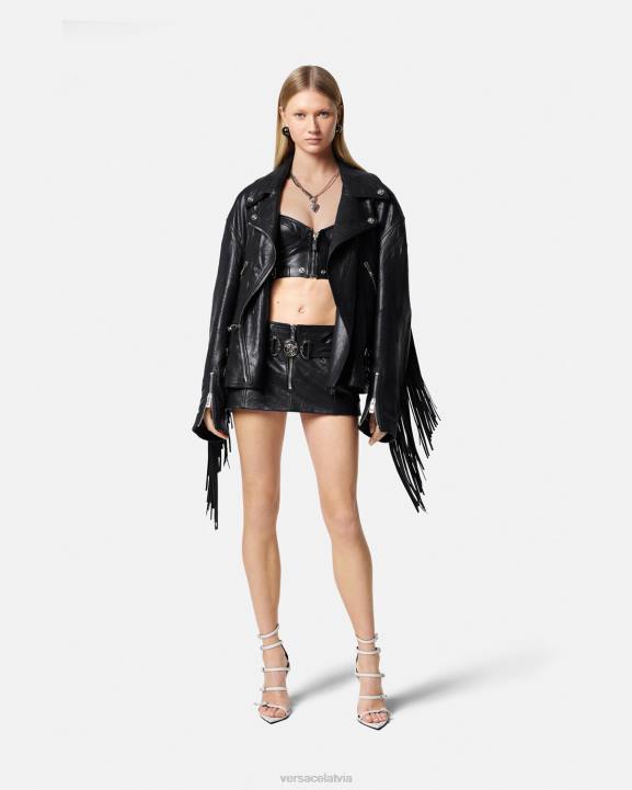 melns apģērbs Versace 806B101 sievietes ādas jaka ar bārkstīm