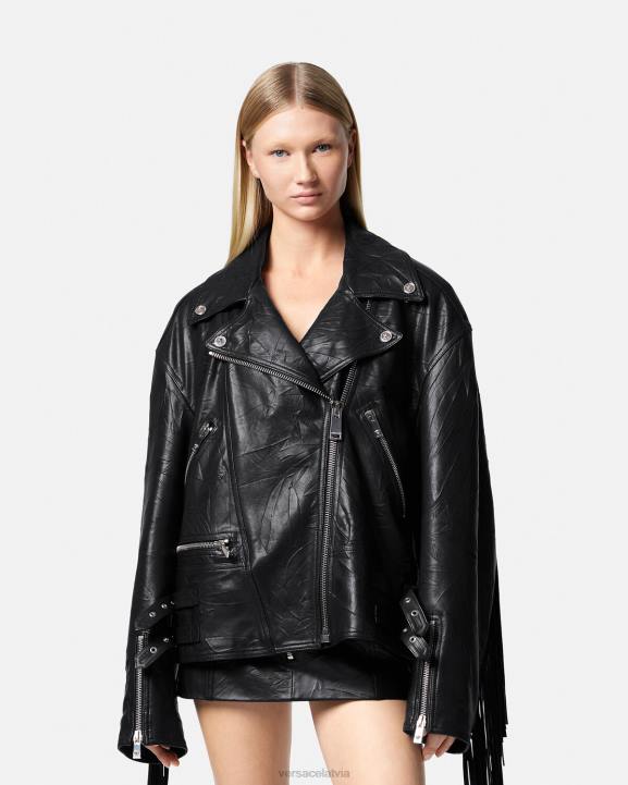 melns apģērbs Versace 806B101 sievietes ādas jaka ar bārkstīm