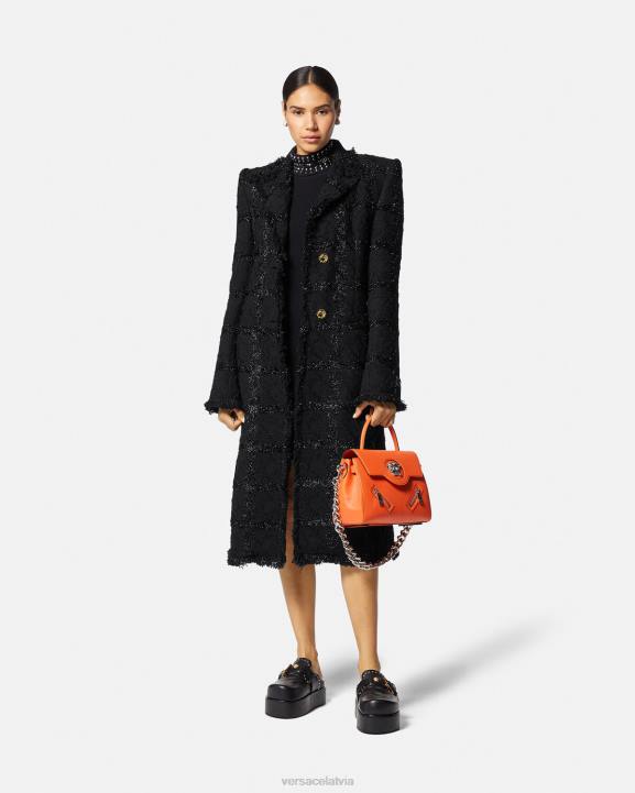 melns apģērbs Versace 806B102 sievietes ķīļveida tvīda garš mētelis
