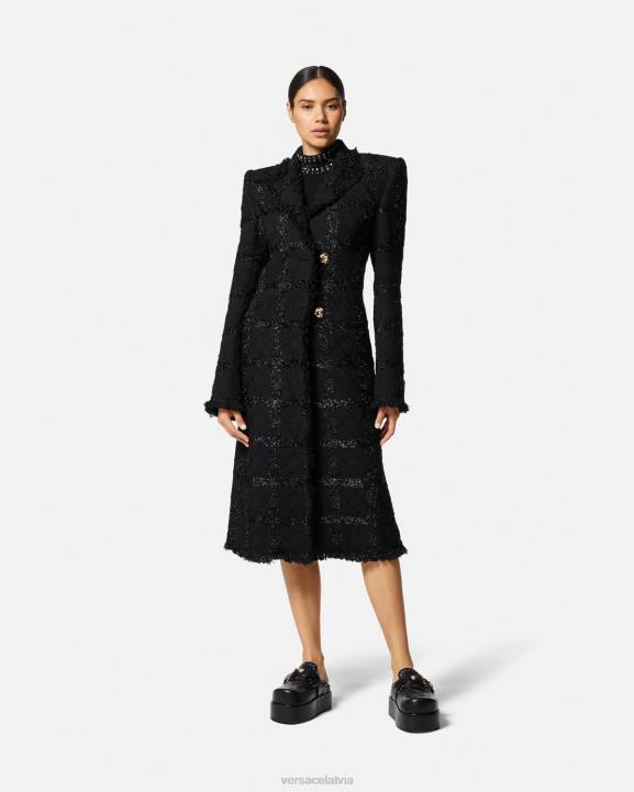 melns apģērbs Versace 806B102 sievietes ķīļveida tvīda garš mētelis