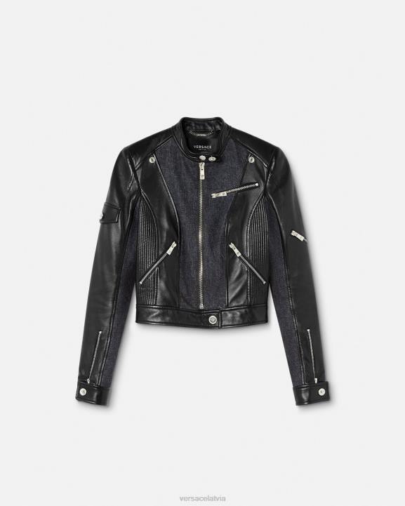 melns apģērbs Versace 806B90 sievietes džinsa ādas biker jaka