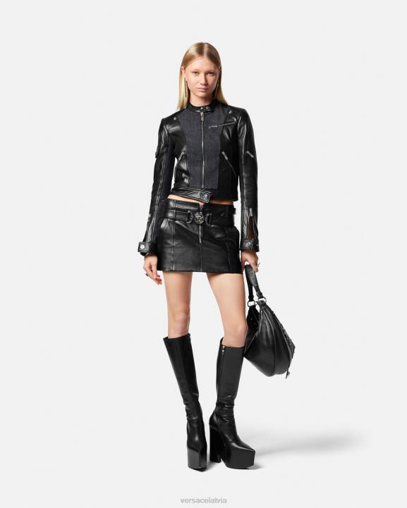 melns apģērbs Versace 806B90 sievietes džinsa ādas biker jaka