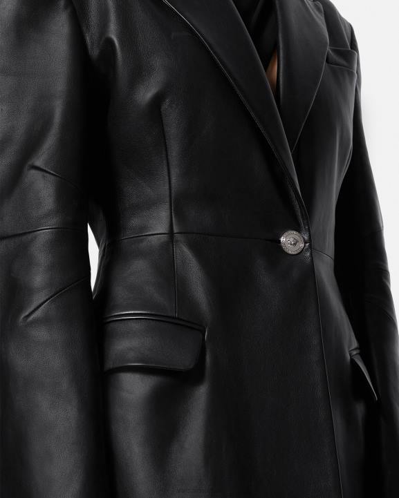 melns apģērbs Versace 806B92 sievietes Medusa ādas garš mētelis