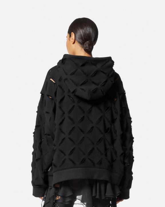 melns apģērbs Versace 806B142 sievietes nomocīts slashed oversize kapuci