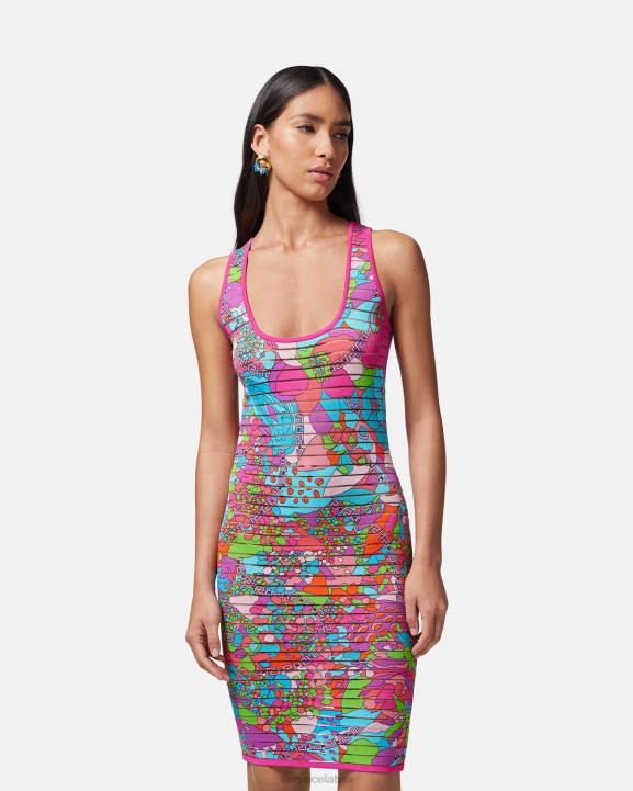 drukāt apģērbs Versace 806B12 sievietes puķaina vasaras trikotāžas midi kleita