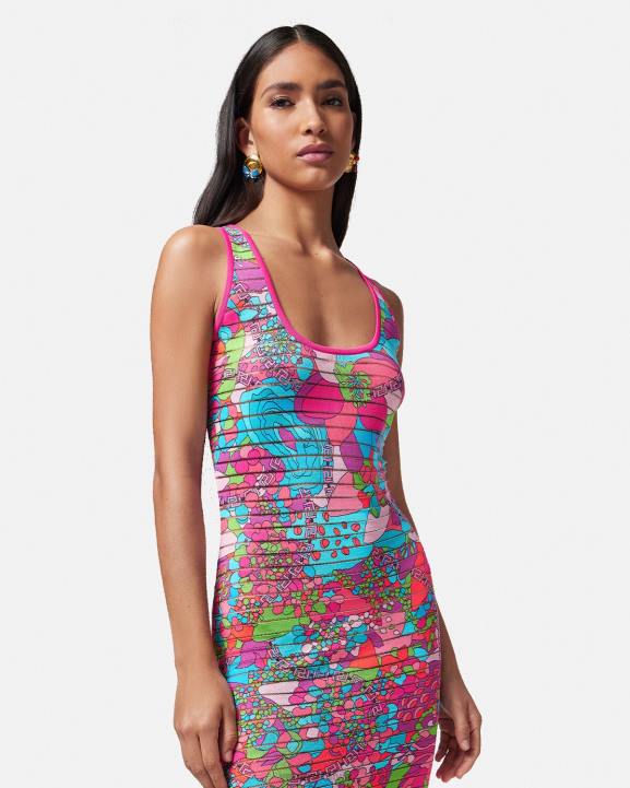 drukāt apģērbs Versace 806B12 sievietes puķaina vasaras trikotāžas midi kleita