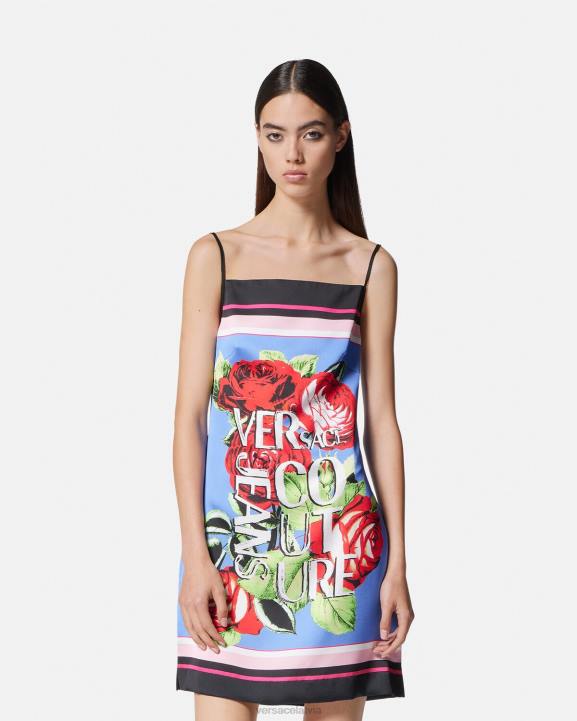 gaiši zils apģērbs Versace 806B2159 sievietes rožu mini kleita