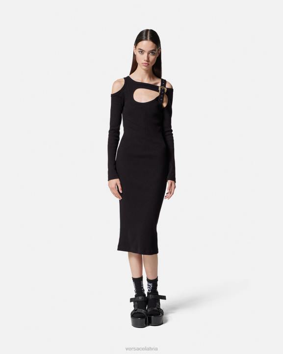 melns apģērbs Versace 806B2143 sievietes baroka stila sprādzes izgriezuma midi kleita