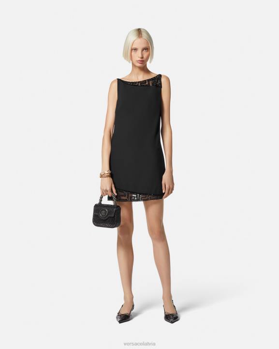 melns apģērbs Versace 806B37 sievietes greca kristāla izgreznota mini kleita