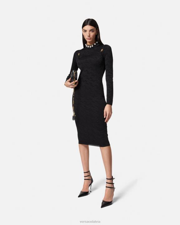 melns apģērbs Versace 806B38 sievietes medusa \'95 la greca knit midi kleita