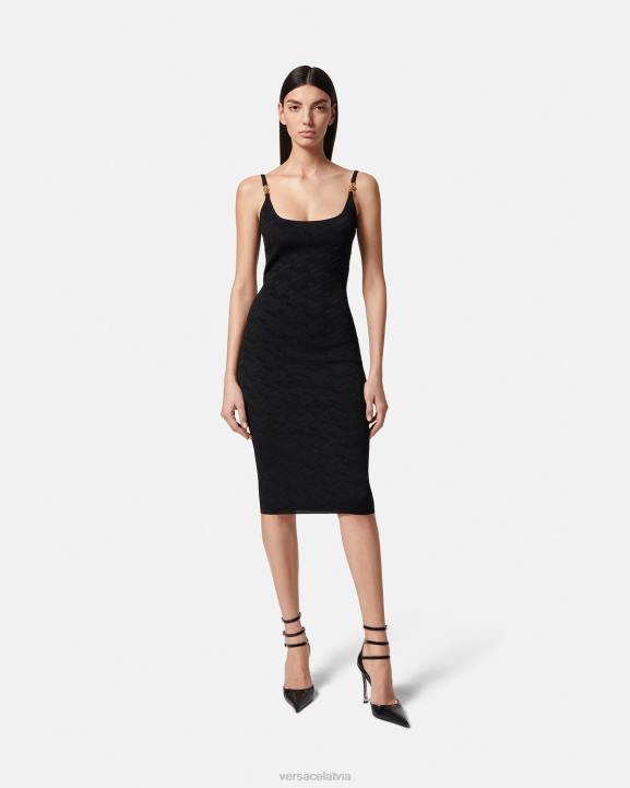 melns apģērbs Versace 806B38 sievietes medusa \'95 la greca knit midi kleita