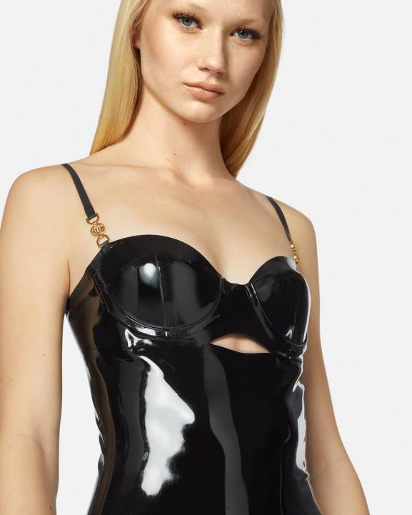 melns apģērbs Versace 806B39 sievietes medūzas lateksa midi kleita