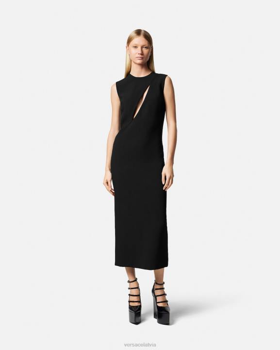 melns apģērbs Versace 806B46 sievietes griezta midi kleita bez piedurknēm