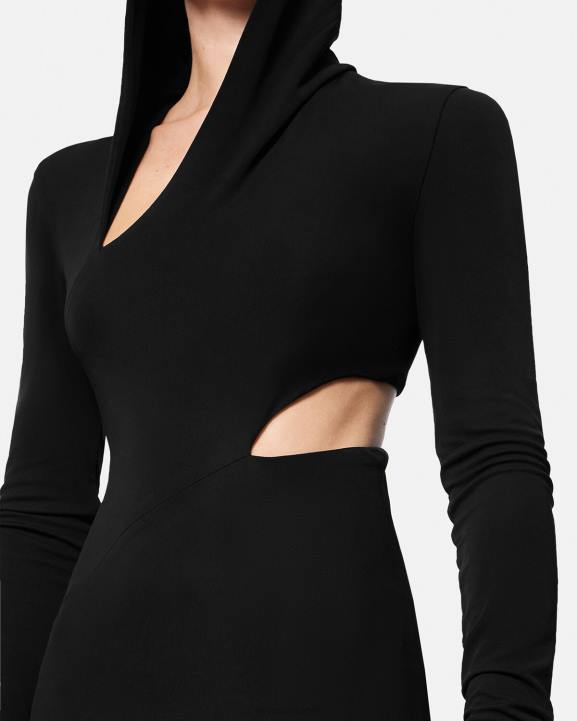 melns apģērbs Versace 806B52 sievietes gara kleita ar grieztu kapuci