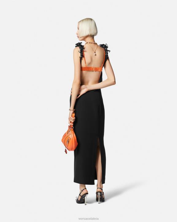 melns apģērbs Versace 806B62 sievietes velmēta izrotāta zīda midi kleita