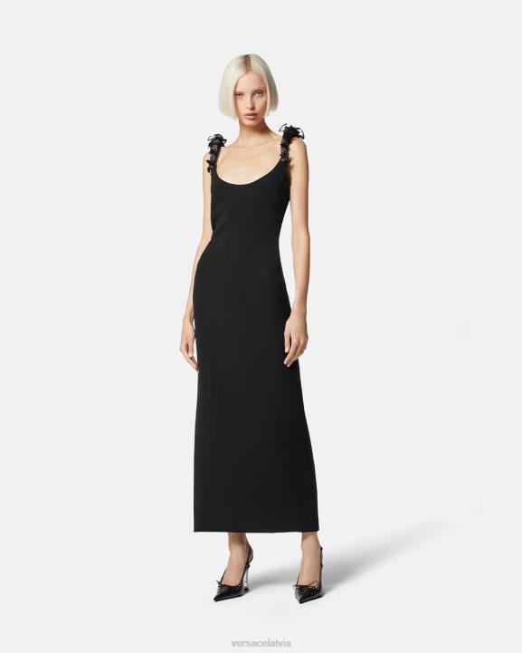 melns apģērbs Versace 806B62 sievietes velmēta izrotāta zīda midi kleita