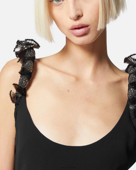 melns apģērbs Versace 806B62 sievietes velmēta izrotāta zīda midi kleita