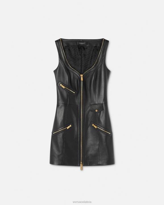 melns apģērbs Versace 806B67 sievietes biker ādas mini kleita