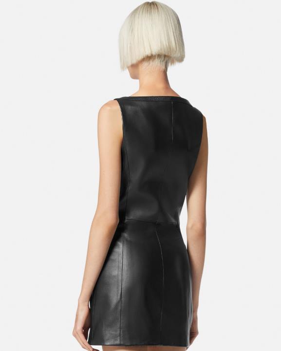 melns apģērbs Versace 806B67 sievietes biker ādas mini kleita