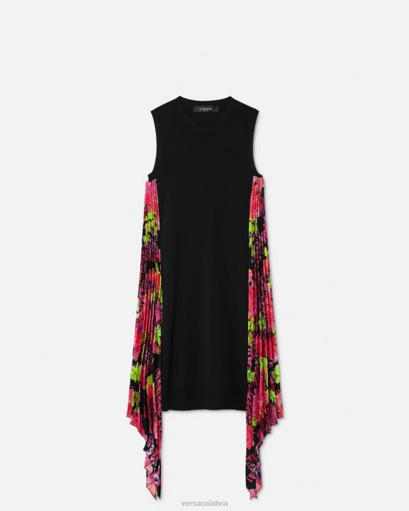 melns apģērbs Versace 806B70 sievietes logo orhideju trikotāžas mini kleita