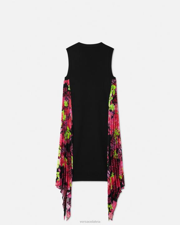 melns apģērbs Versace 806B70 sievietes logo orhideju trikotāžas mini kleita