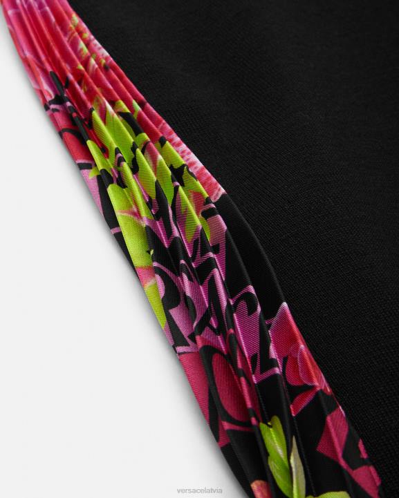 melns apģērbs Versace 806B70 sievietes logo orhideju trikotāžas mini kleita