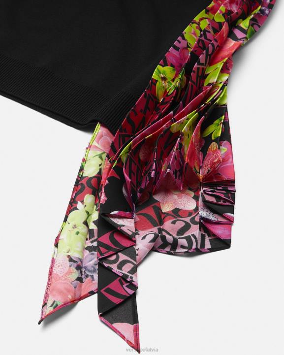 melns apģērbs Versace 806B70 sievietes logo orhideju trikotāžas mini kleita