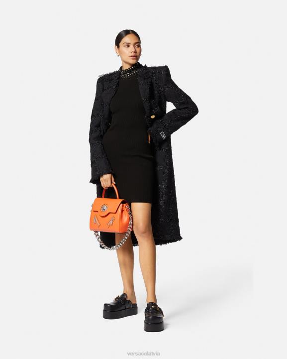melns apģērbs Versace 806B71 sievietes adīta midi kleita ar ķīļveida apkakli
