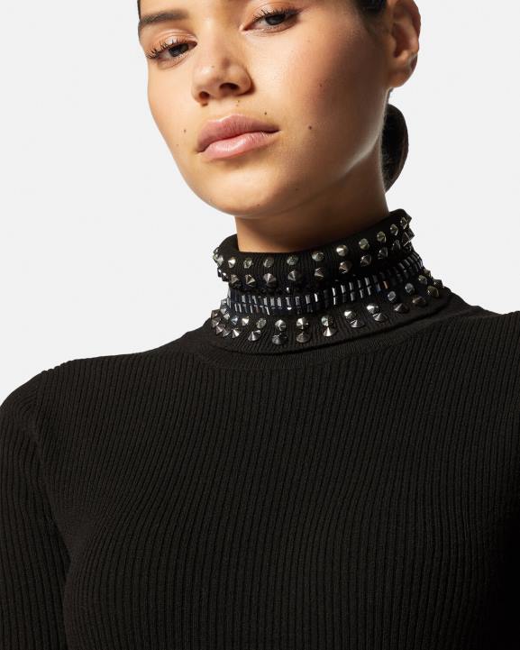 melns apģērbs Versace 806B71 sievietes adīta midi kleita ar ķīļveida apkakli