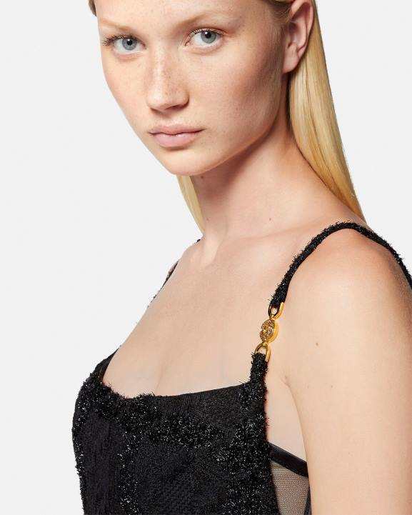 melns apģērbs Versace 806B77 sievietes medūzas ķīļveida tvīda minikleita