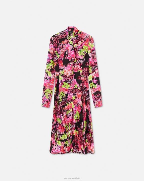 melns un apdrukāts apģērbs Versace 806B68 sievietes logo orhideju midi kreklu kleita
