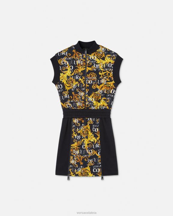 melns & zelts apģērbs Versace 806B2182 sievietes logo couture mini kleita ar rāvējslēdzēju