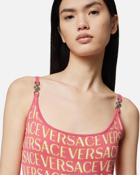 rozā un baltā krāsā apģērbs Versace 806B24 sievietes allover adīta midi kleita