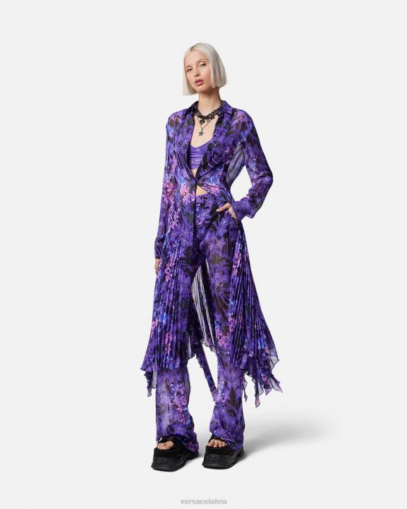 violeta un apdruka apģērbs Versace 806B54 sievietes orchid barocco midi kreklkleita