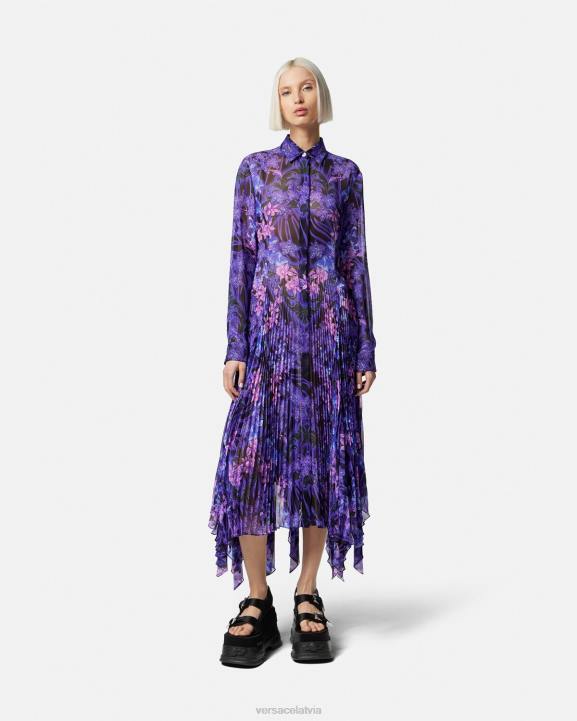 violeta un apdruka apģērbs Versace 806B54 sievietes orchid barocco midi kreklkleita