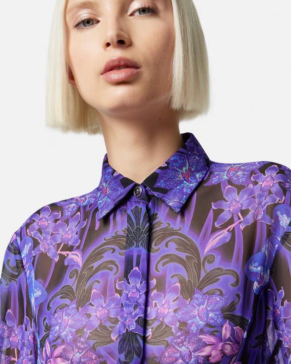 violeta un apdruka apģērbs Versace 806B54 sievietes orchid barocco midi kreklkleita