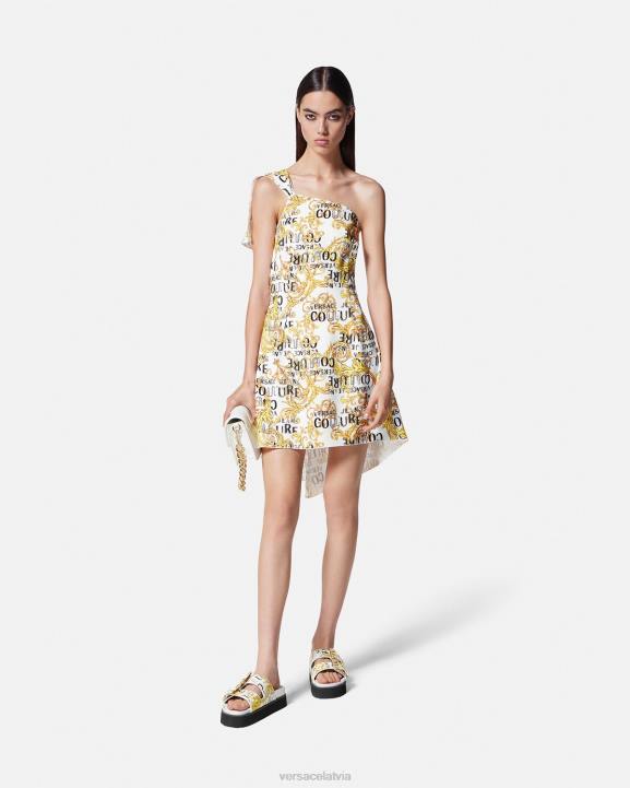 zelts un balts apģērbs Versace 806B2186 sievietes logo couture kleita uz vienu plecu