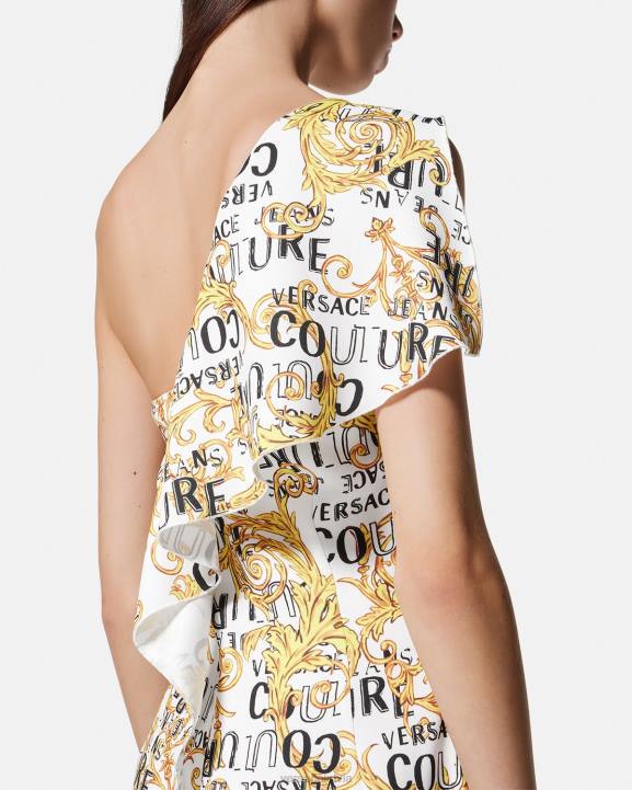 zelts un balts apģērbs Versace 806B2186 sievietes logo couture kleita uz vienu plecu